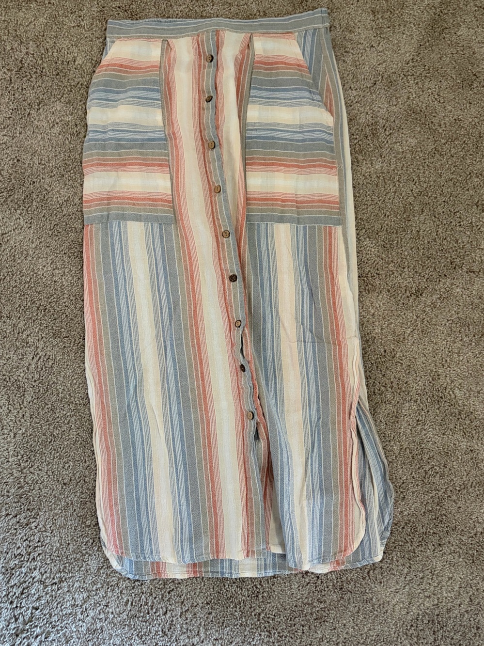 Striped Button-Front Maxi Skirt in Blue, Cream & Coral